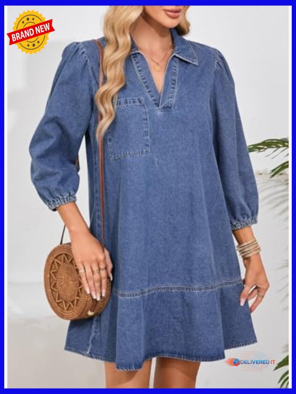 V Neck 3/4 Puff Sleeve Babydoll Denim Dress - Picture 5 of 7